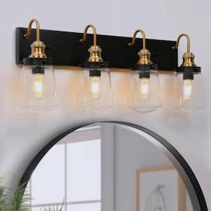 Modern Farmhouse Bathroom Wall Sconce, 4-Light Black and Brass Transitional Bell Vanity Light with Clear Glass Shades