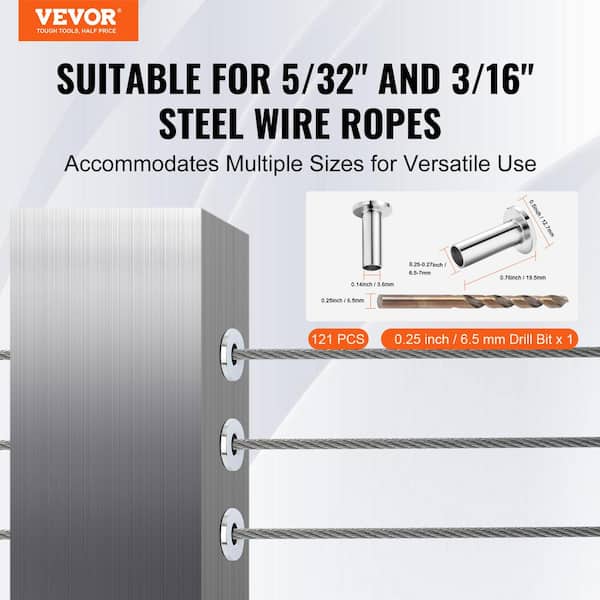 T316 Stainless Steel Protector Sleeves for 5/32 in. 3/16 in. Wire Rope Cable Railing Balustrade Marine Grade Come