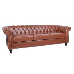 84 in. W Round Arm Rolled Arm Faux Leather Chesterfield 3-Seater Curved Sofa with Reversible Cushions in Brown