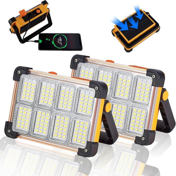 120V Solar Rechargeable Work Light, 144 LED 10000LM Portable Flood Light with Stand, IP66 Waterproof, 2 Pack