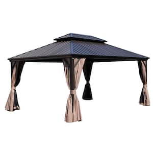 Caesar 12 ft. x 16 ft. Dark Brown Double Roof Permanent Hardtop Aluminum Gazebo with Netting and Sidewalls