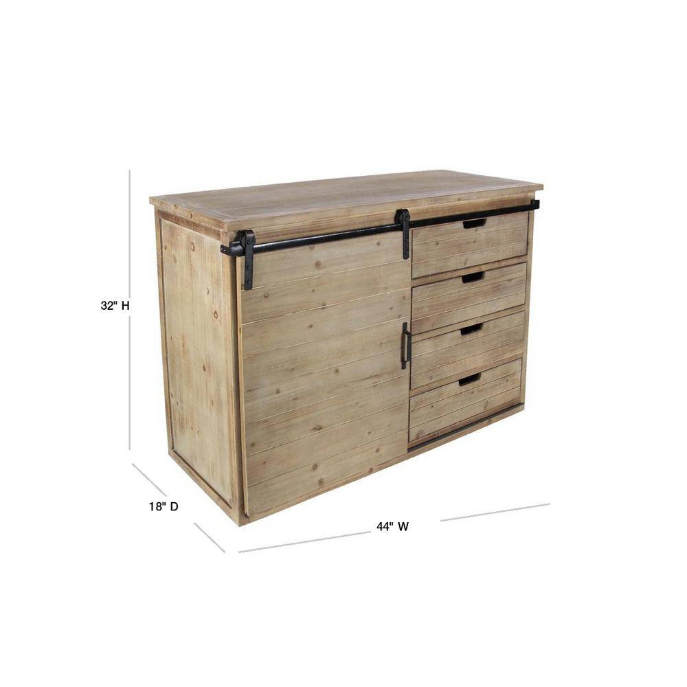 Brown Fir Wood Rustic Cabinet with Drawers and Sliding Door