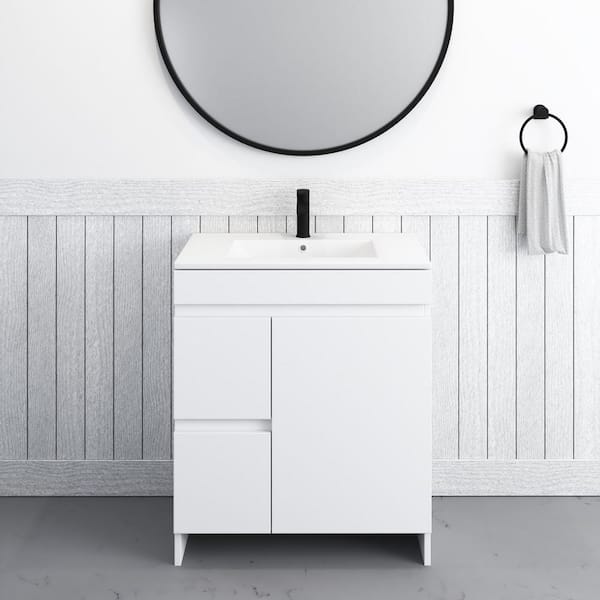 VOLPA USA AMERICAN CRAFTED VANITIES Mace 30 in. W x 18 in. D x 34 in. H Bath Vanity in White with White Ceramic Top and Left-Side Drawers