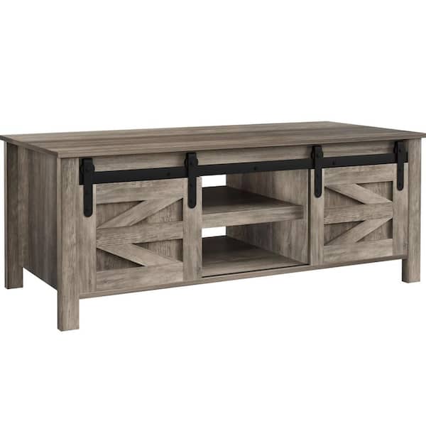 LACOO 47 in. Farmhouse Washed Gray Rectangle Oak Wood Coffee Table with Sliding Barn Doors and Hidden Storage Compartments