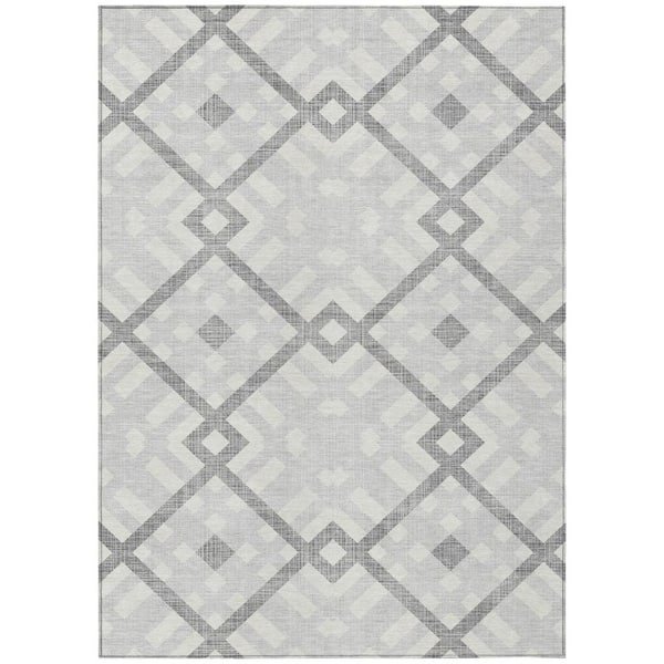 HomeRoots Silver, Gray, Ivory 9 ft. x 12 ft. Woven Geometric Polyester Rectangle Indoor/Outdoor Area Rug