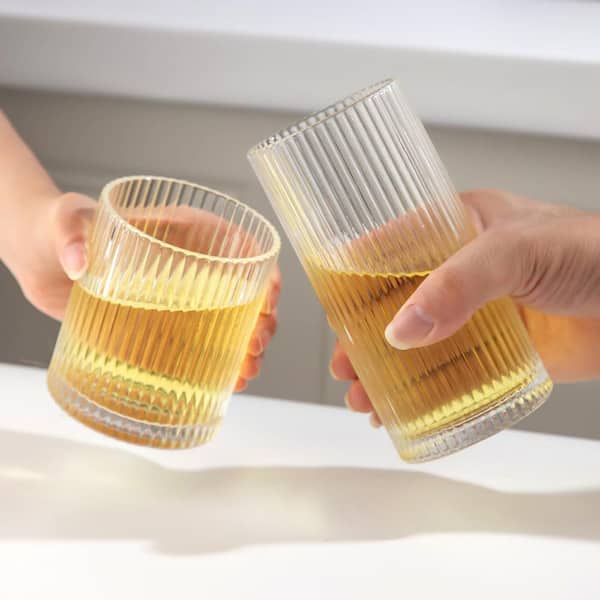 Wudkey Glasses Drinking Set of 8, 10 oz. and 12 oz. Clear Glass Ribbed Design Dishwasher Safe Lead-Free Tumbler Glasses