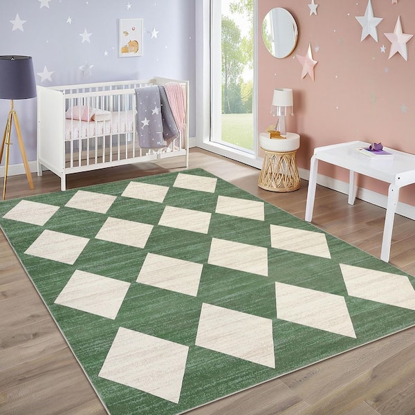 Modern Geometric Diamond Soft Non-slip Thin Washable Foldable Bedroom Laundry Home Decor Green 10 ft. x 13 ft. Area Rug