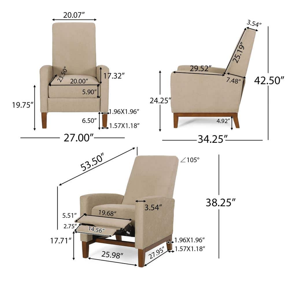 Sand and Brown Manual Pushback Wood Recliner