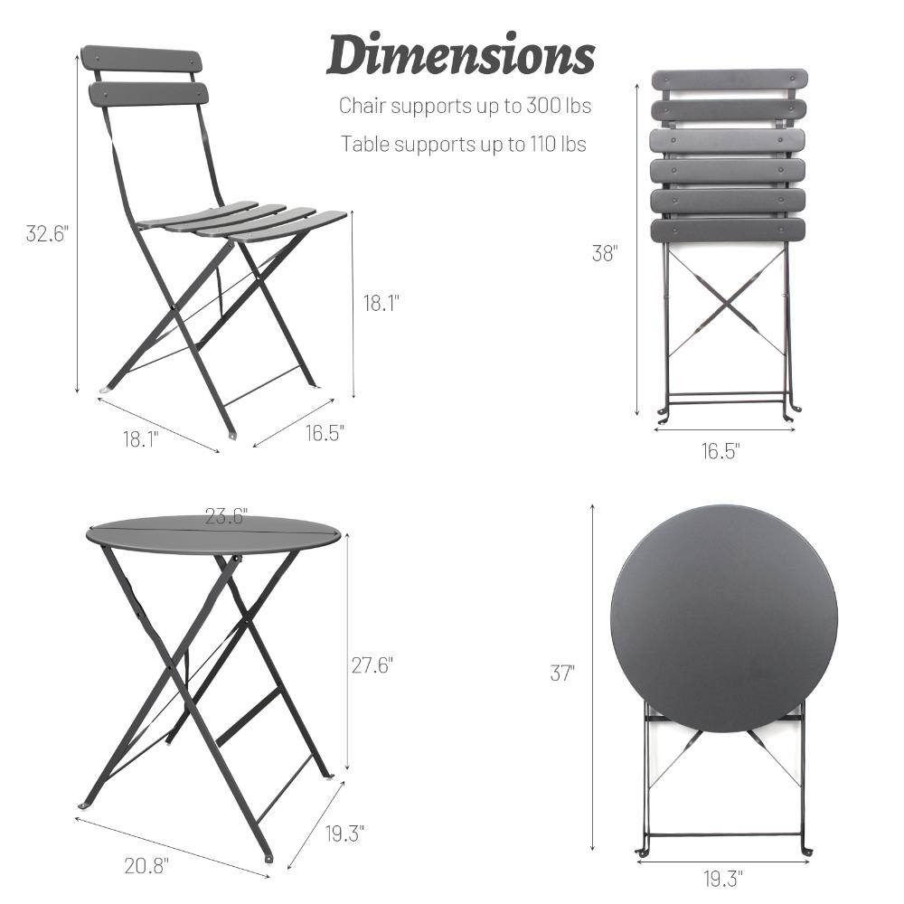 Dimension diagram of the black metal bistro set showing chair and table measurements.