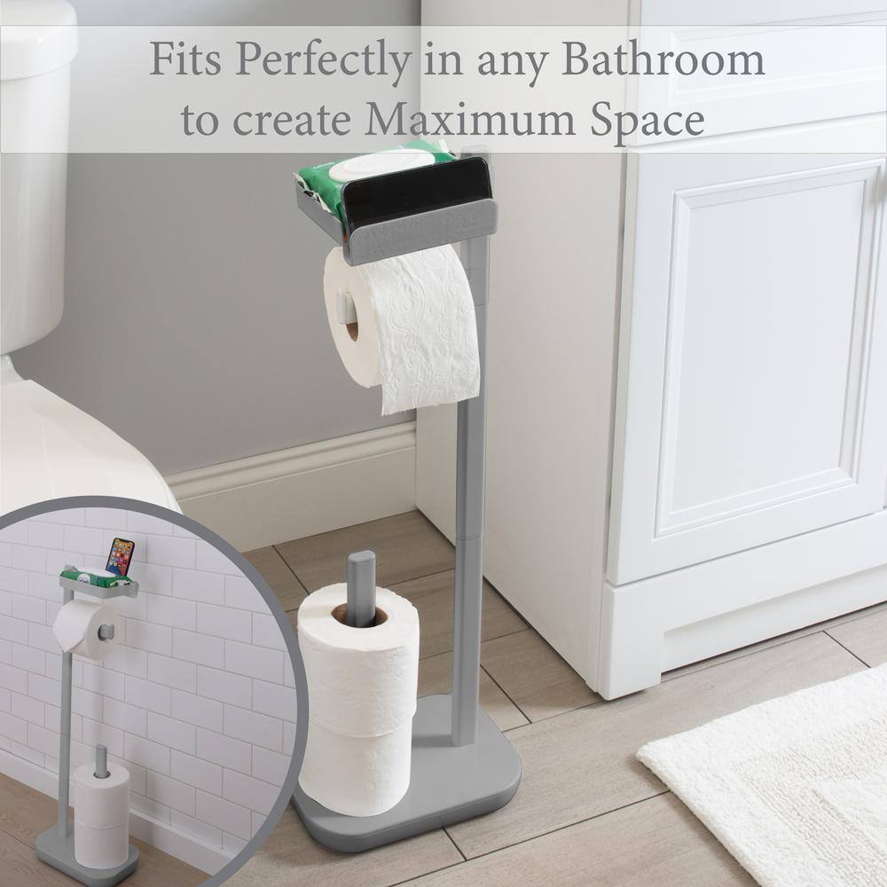 Gray Freestanding 3-in-1 Toilet Paper Holder with Adjustable Shelf