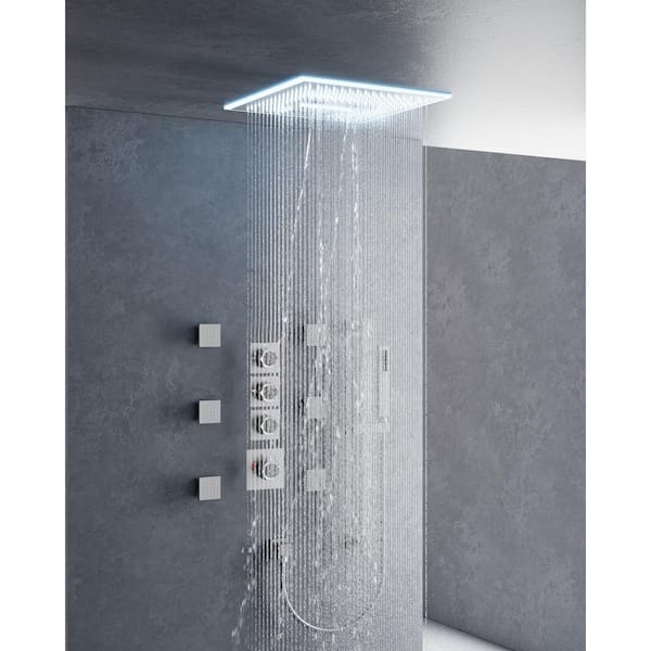 YAWWALK Thermostatic 17-Spray 16 in. Square LED Mood Lighting Bluetooth Music Shower System with Valve in Brushed Nickel