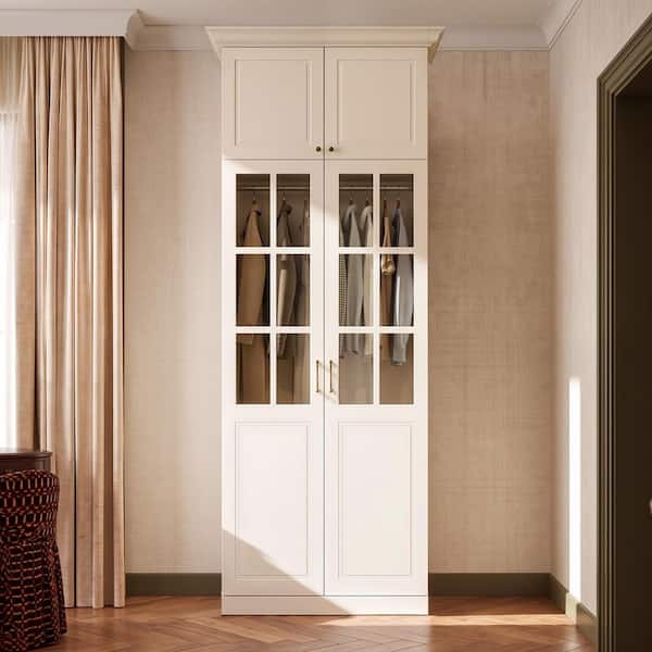 Cream Wood 40.9 in. Armoire with LED Lighting, Glass Panel Doors, Pants Rack and Hanging Rod for Bedroom