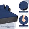 Close-up of navy blue cushion zippers and foam resilience.