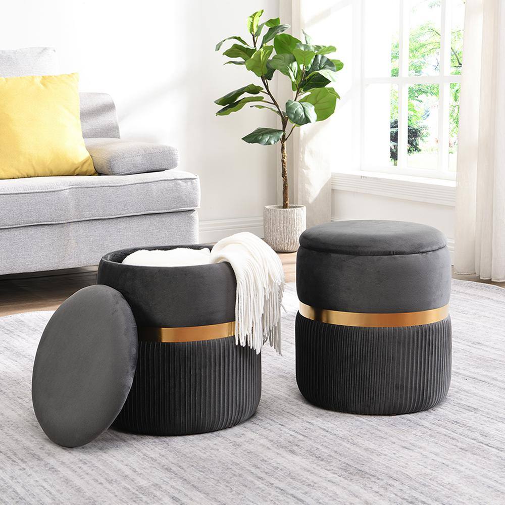 TECHNI MOBILI Modern Velvet Round Ottoman with Storage, Grey RTAOT25