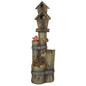 Outdoor Fountain with Birdhouse, Cascading Garden Waterfall Bird Bath with 3-Tier Rustic Log Design, LED Lights, Brown