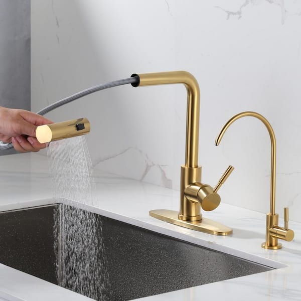 13.5 in. H Single Handle 360° Swivel Pull Out Sprayer Kitchen Faucet w/3-Spray Modes and Water Filter Faucet in Gold