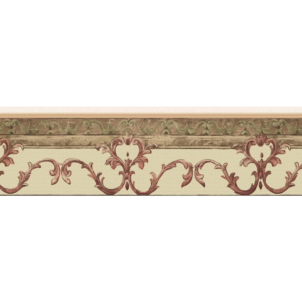 Falkirk Dandy Pink, Green Scrolls Damask Peel and Stick Wallpaper Border