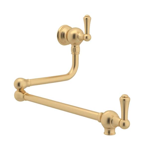 Edwardian Era Wall Mounted Pot Filler with Swing Arm And Lever Handles in Unlacquered Brass