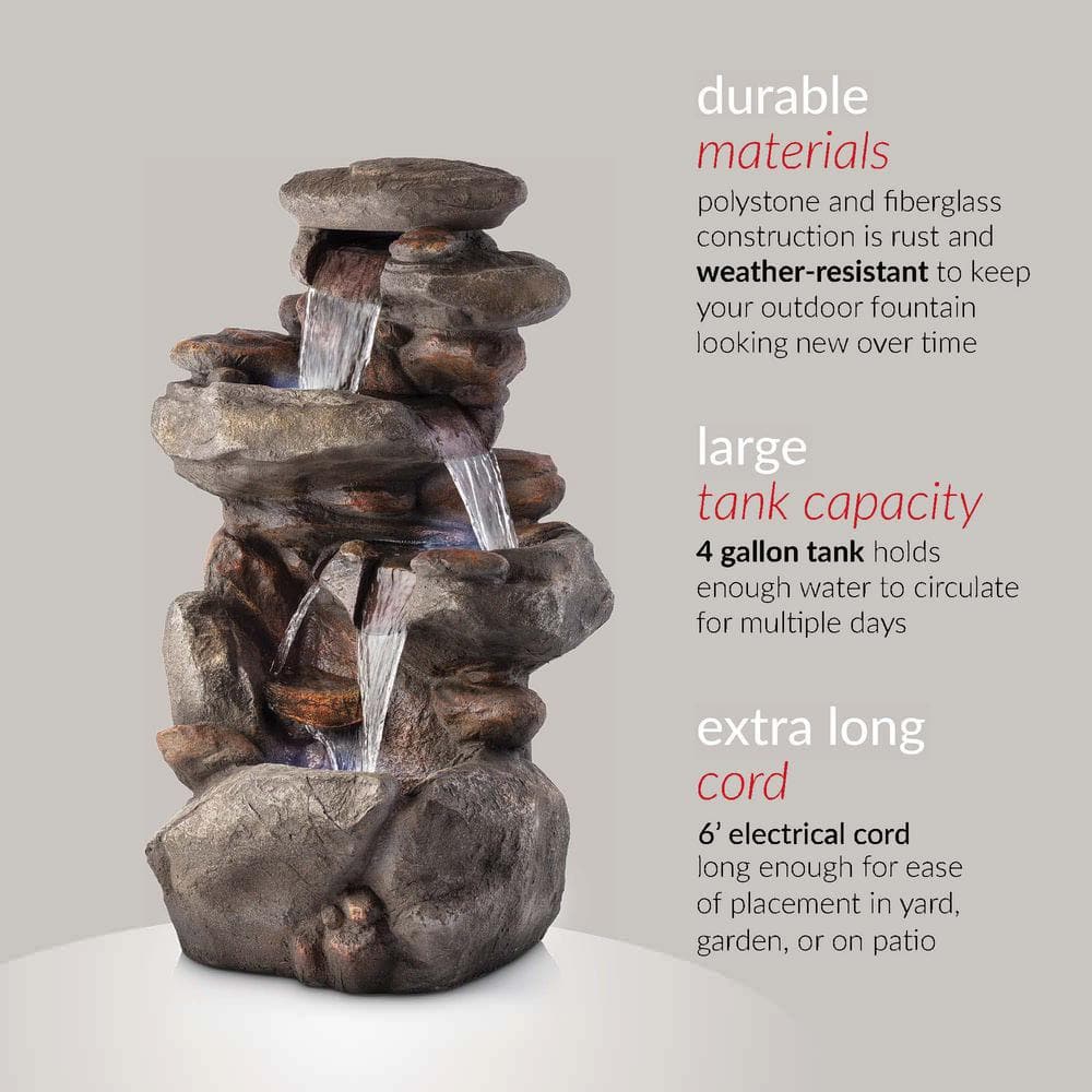 Gray Polystone Rock Waterfall Fountain with LED Light