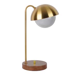 Jasper 18 in. Antique Brass and Faux Wood Metal Desk Lamp with Glass Shade