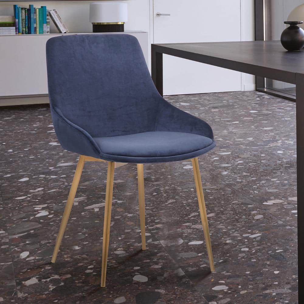 Heidi Contemporary Dining Chair in Gold Metal Finish and Blue Velvet