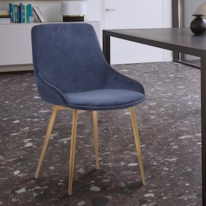 Heidi Contemporary Dining Chair in Gold Metal Finish and Blue Velvet