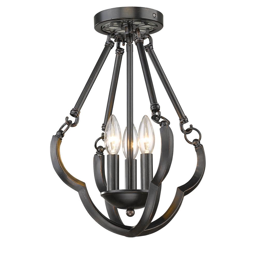 Aged Bronze 3-Light Semi-Flush Mount Fixture with Glass Shades