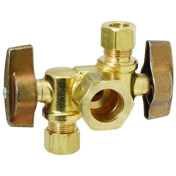 BrassCraft 1/2 in. Nom Comp Inlet x 3/8 in. O.D. Comp x 3/8 in. O.D. Comp Dual Outlet Dual Shut-Off 1/4-Turn Angle Ball Valve