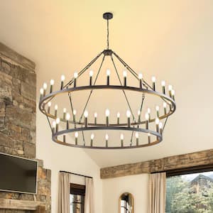 57 in. 48-light Black 2 Tier Extra Large Farmhouse Wagon Wheel Retro Round Chandelier for Living Room Foyer Cafe Bar