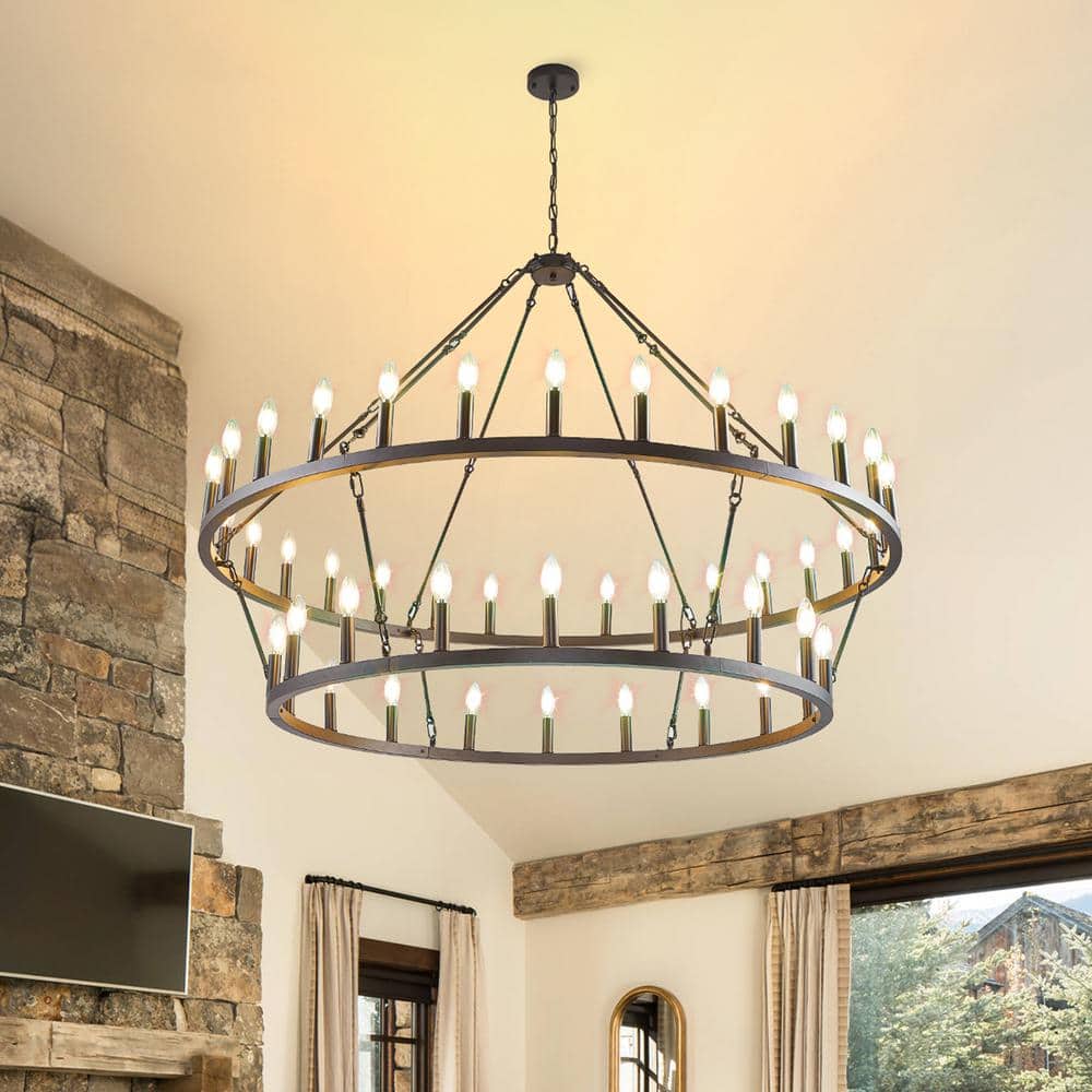 57 in. 48-light Black 2 Tier Extra Large Farmhouse Wagon Wheel Retro Round Chandelier for Living Room Foyer Cafe Bar price history on PriceWatchPro