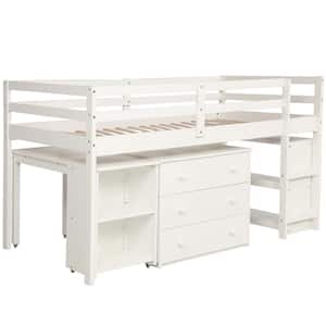 White Low Twin Loft Bed with Cabinet and Rolling Portable Desk