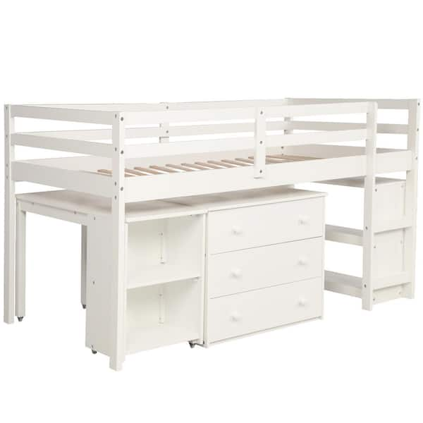 Qualler White Low Twin Loft Bed with Cabinet and Rolling Portable Desk ...