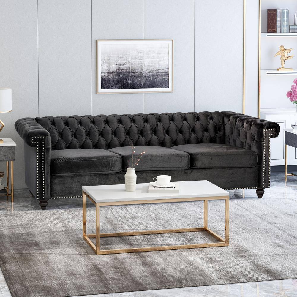 Black Velvet Chesterfield Sofa with Nailhead Trim and Flared Arms