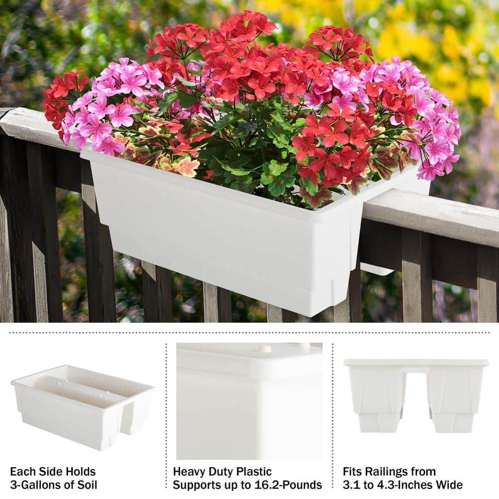 White Plastic Rectangular Railing Planter Box with Drainage Insert