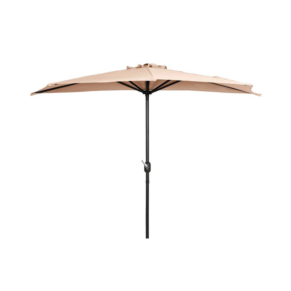 Beige 9-Foot Half-Round Steel Patio Umbrella with Crank Lift