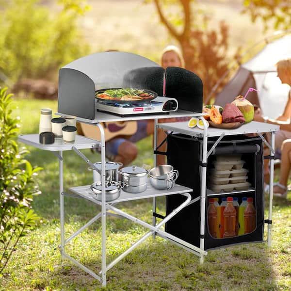 VEVOR Camping Kitchen Station, Aluminum Portable Folding Camp Cook Table  with Windshield, Storage Organizer and 4 Adjustable Feet, Quick  Installation