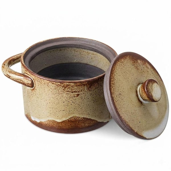 Speckled Ceramic Salt Cellar with Wooden Lid and Spoon, Rustic Farmhouse Kitchen Spice Jar Approx. 3.5