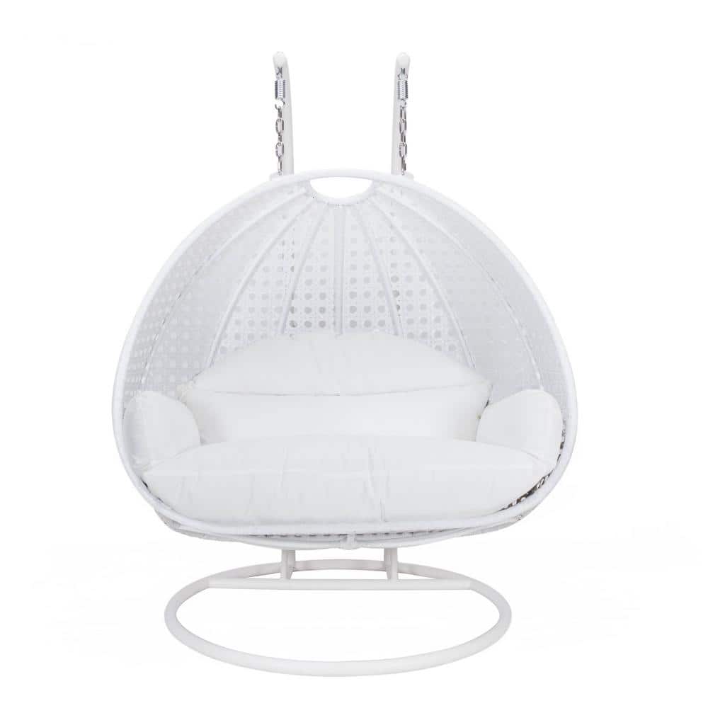 White Wicker Hanging Double Seater Egg Swing Chair with Cushions