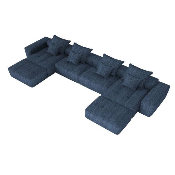 127.6 in Sparkling Chenille Fabric Oversized Modular Sectional Sofa with Pillows and Ottomans in. Blue