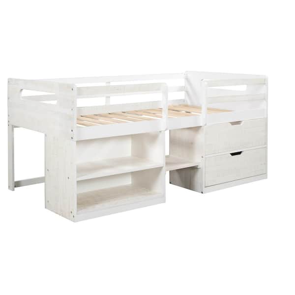 wetiny Antique White Twin Size Loft Bed with 2 Shelves and 2-Drawers