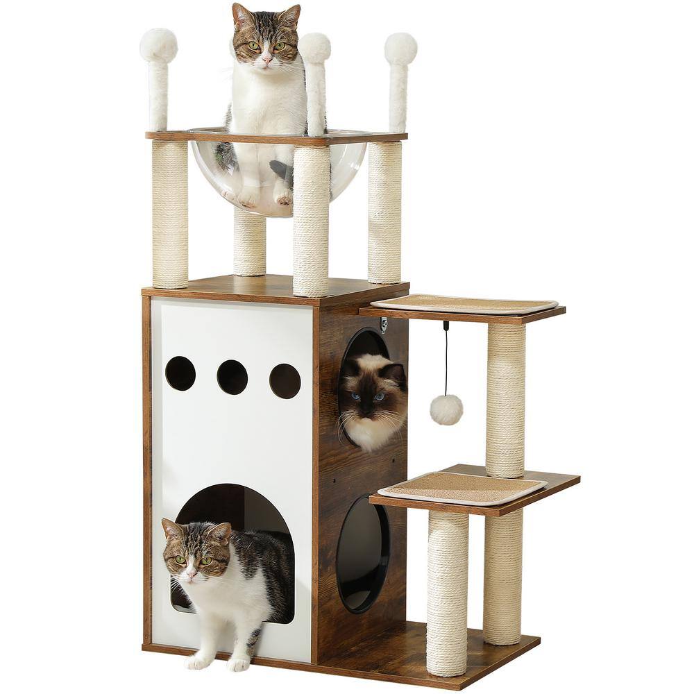 ATENGNES 42.5 in. Brown Wooden Cat Tower with 2-Floor Condo, Cat Scratching Posts, Capsule Nest, Dangling Balls AMT0062BN-S - The Home Depot