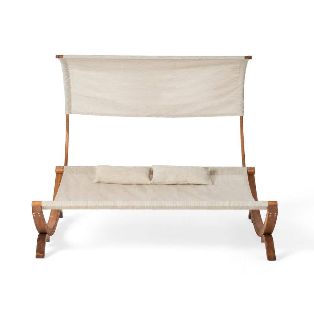 Teak Wood Outdoor Daybed with Canopy, C-shaped Sunbed