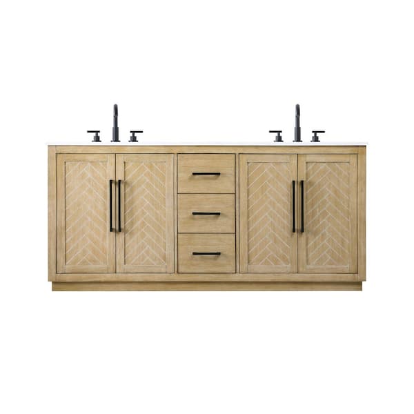 72 in. Double Sink Linen Oak Bath Vanity with White Engineered Marble Top