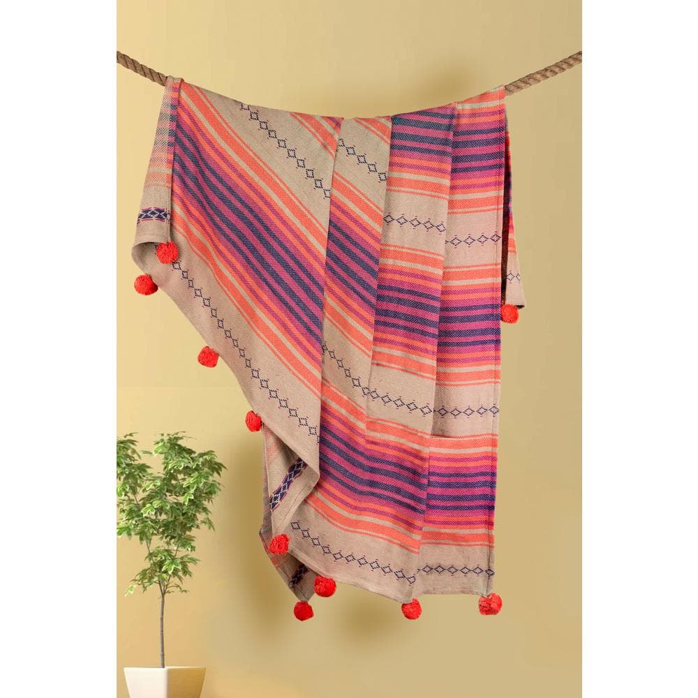 Multicolored Cotton Blend Geometric Pom Pom Throw Blanket