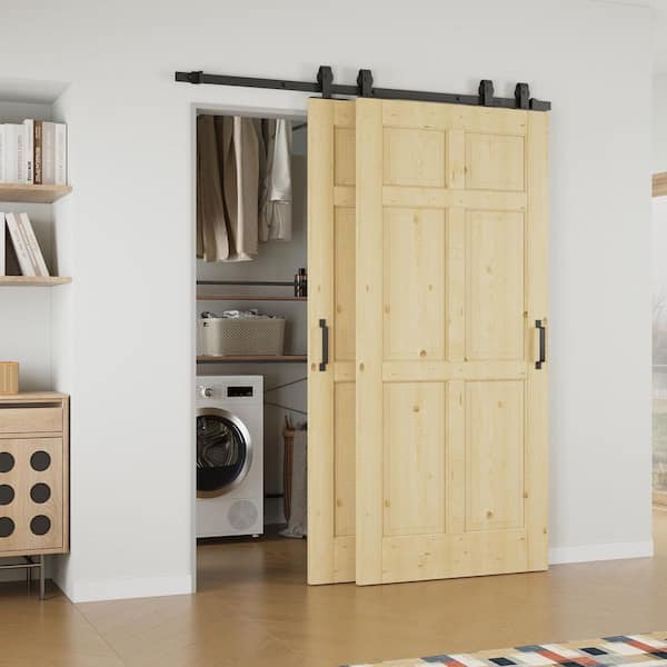 ARK DESIGN 64 in. x 80 in. (Double 36 in.) 6-Panel Unfinished Solid Core Pine Wood Sliding Barn Door with Hardware Kit Bypass