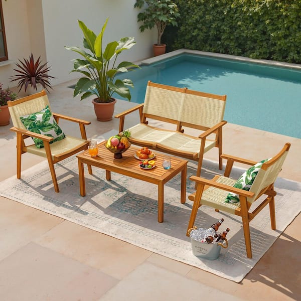 4-Piece Acacia Wood and Hand Woven Patio Conversation Seating Set, Beige