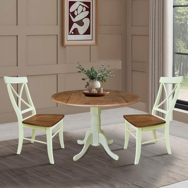 Bryn wood 3-Piece 42 in. Hickory Shell Round Solid Wood Top Drop-Leaf Dining Set with 2-Alexa Chairs, Seats 2