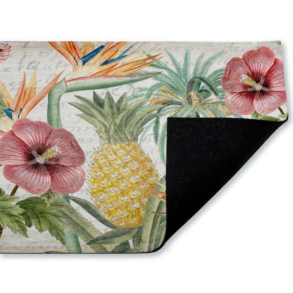 Tropical Flowers and Pineapple Green 18 in. x 30 in. Polyester Non-Slip Outdoor Door Mat