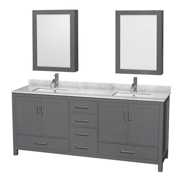 Wyndham Collection Sheffield 80 in. W x 22 in. D x 35 in. H Double Bath Vanity in Dark Gray with White Carrara Marble Top and MC Mirrors