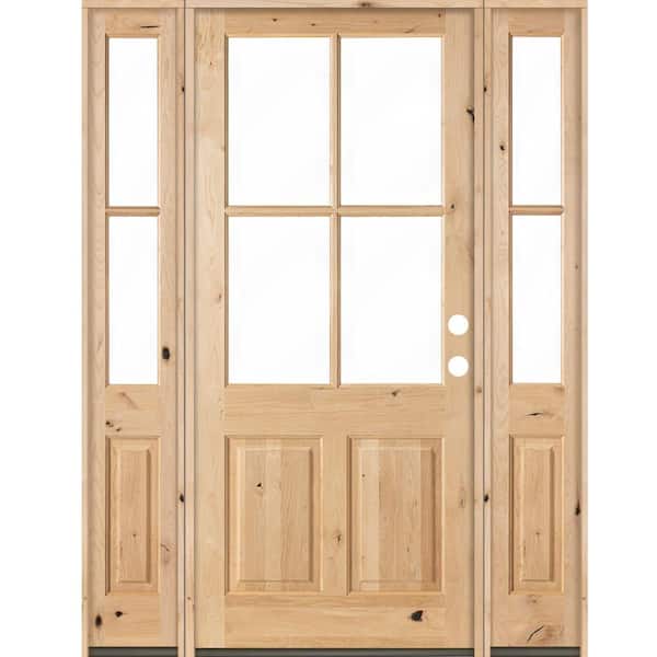 64 in. x 96 in. Knotty Alder Left-Hand/Inswing 4-Lite Clear Glass Unfinished Wood Prehung Front Door/Double Sidelite